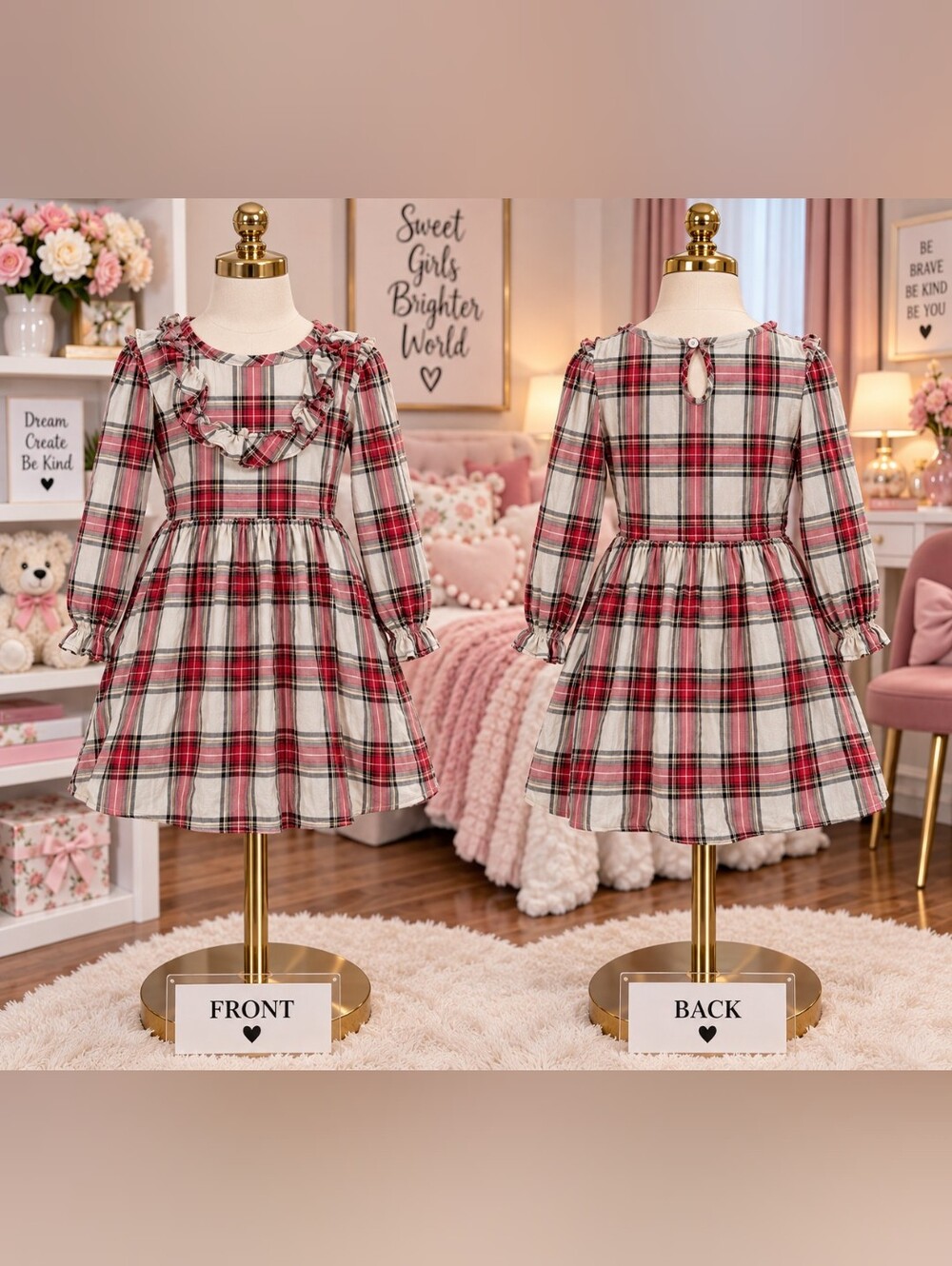 wonder nation Red & Cream Plaid Ruffle-Yoke Long Sleeve Dress